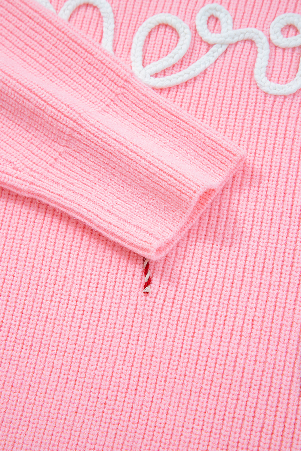 Pink Merry Candy Cane Puffy Knit Crew Neck Sweater