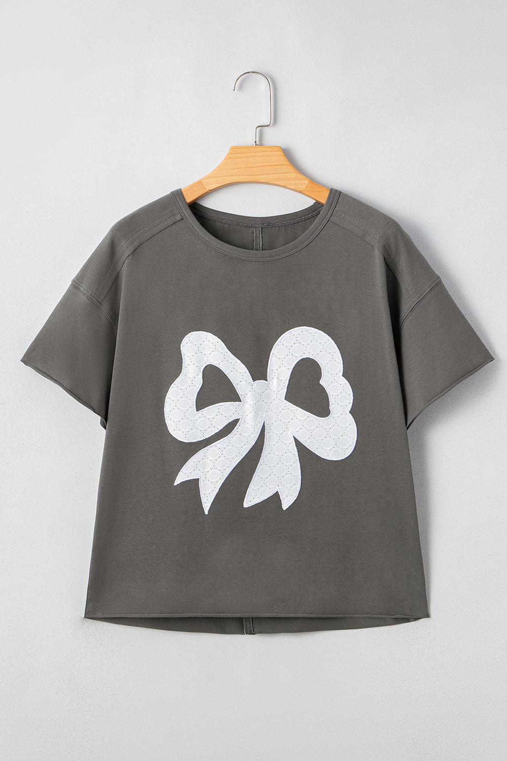 Medium Grey Lace Bow Raw Edge Drop Shoulder Casual T Shirt