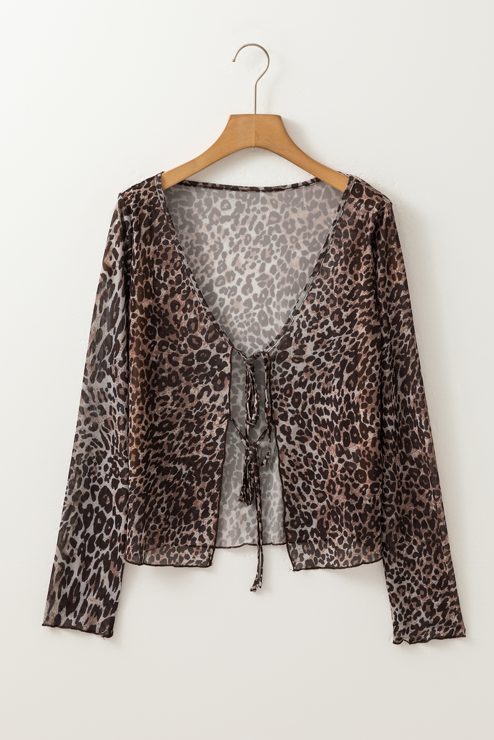 Multicolour Leopard Sheer Mesh Long Sleeve V Neck Lace-up Blouse