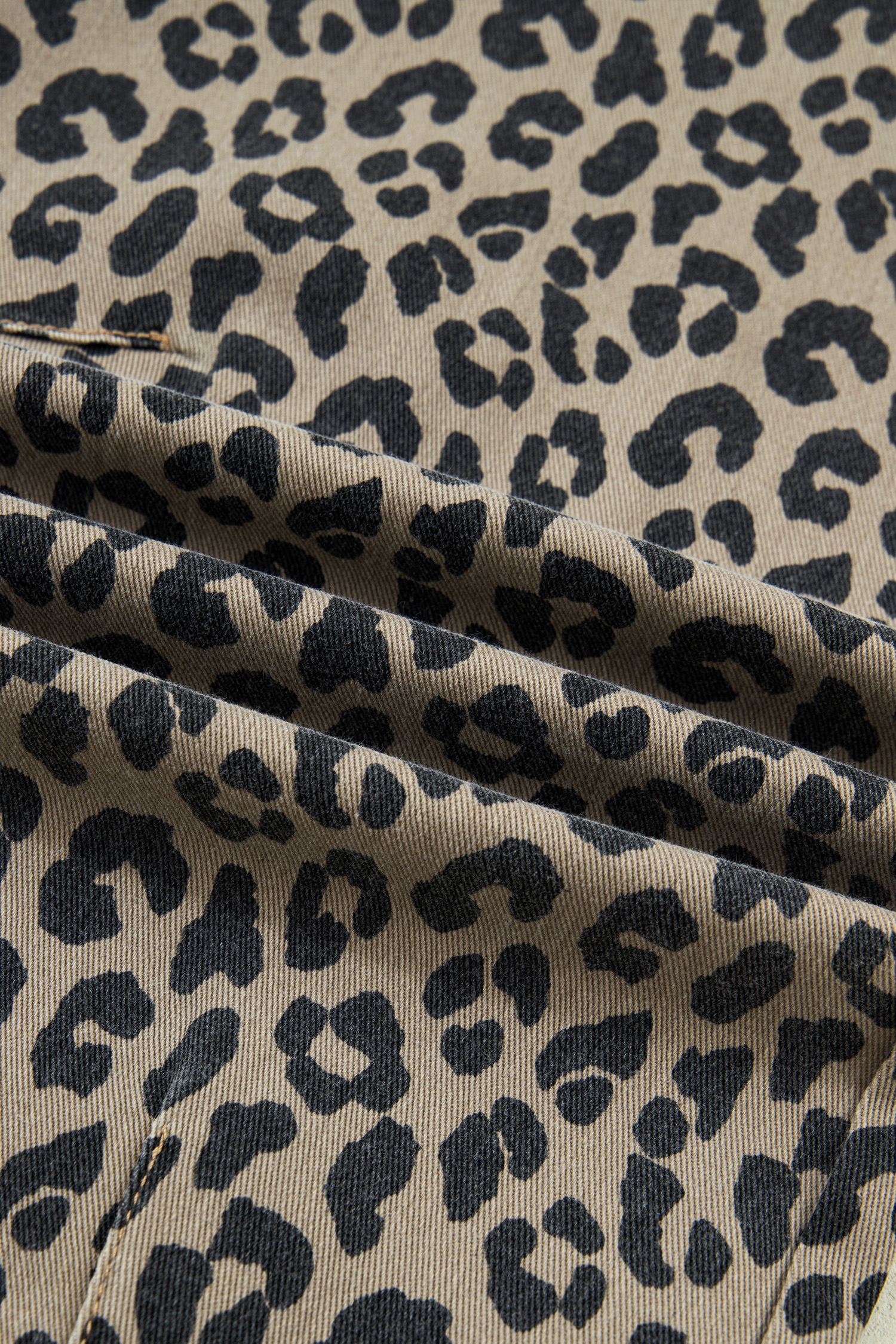 Khaki Leopard Print Drawstring Elastic Waist Loose Denim Pants with Pockets