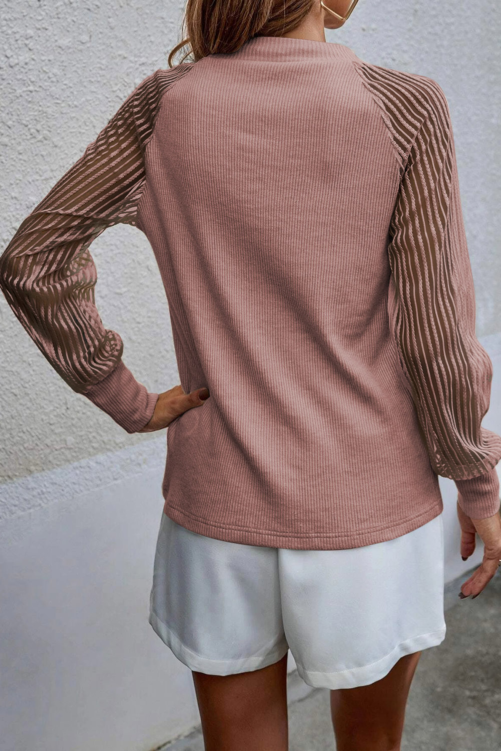 Gray Striped Mesh Long Sleeve Crewneck Ribbed Top