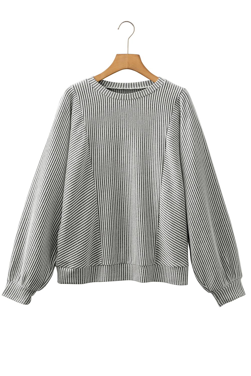 Gray Ribbed Knit Round Neck Long Lantern Sleeve Top
