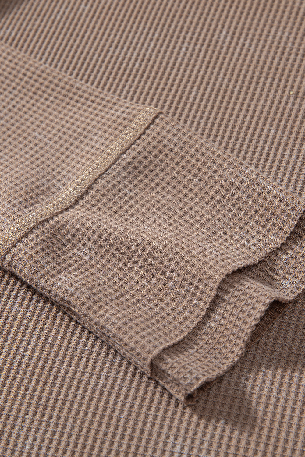 Smoke Green Acid Wash Waffle Knit Buttoned Neckline Long Sleeve Top