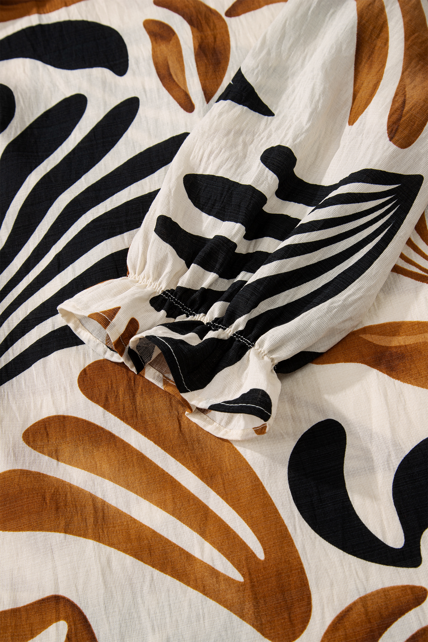 Brown Tropical Printed Contrast Trim Neck Long Sleeve Ruffle Hem Dress