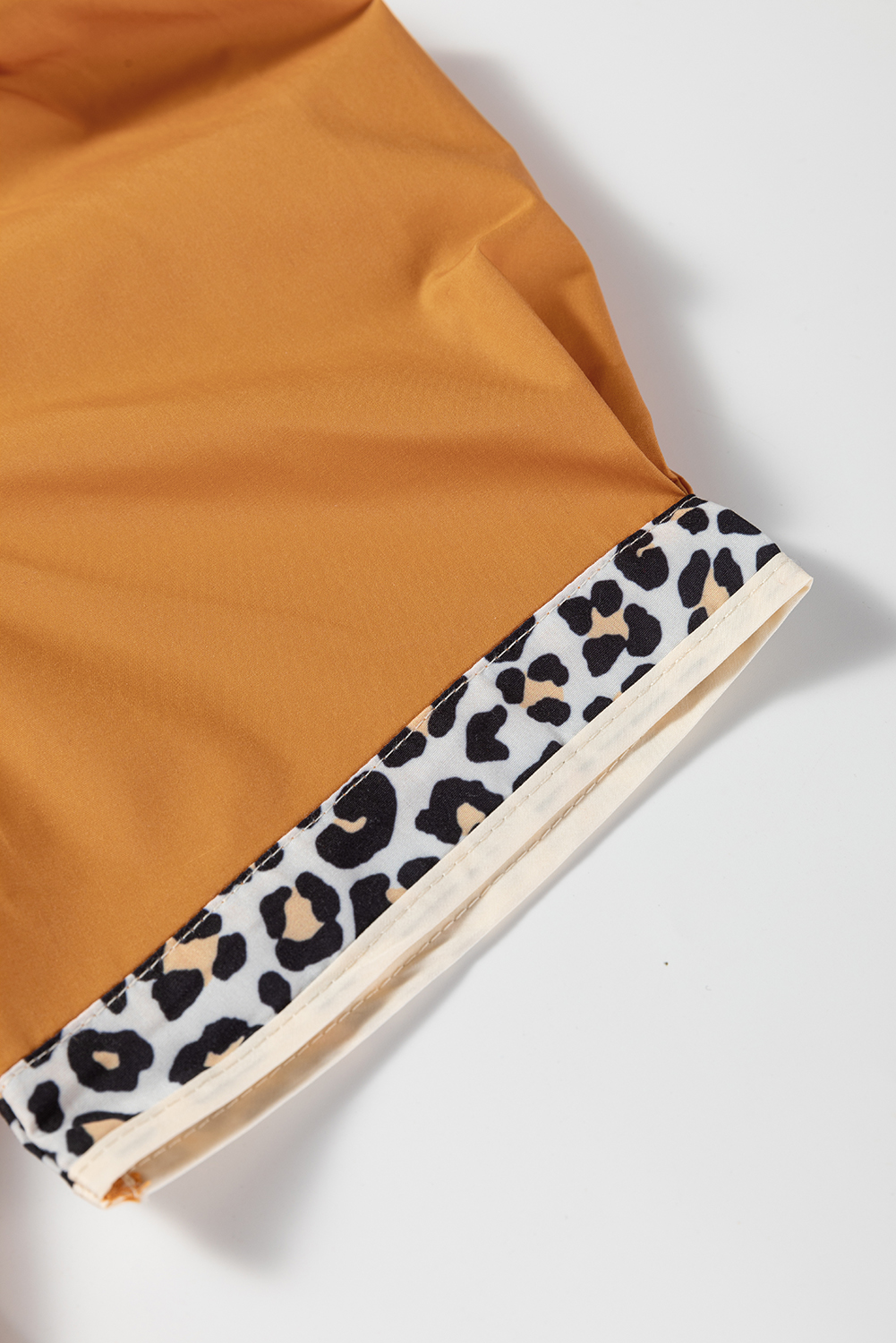 Buckskin Contrast Leopard Trim Split Neck Puff Sleeve Blouse