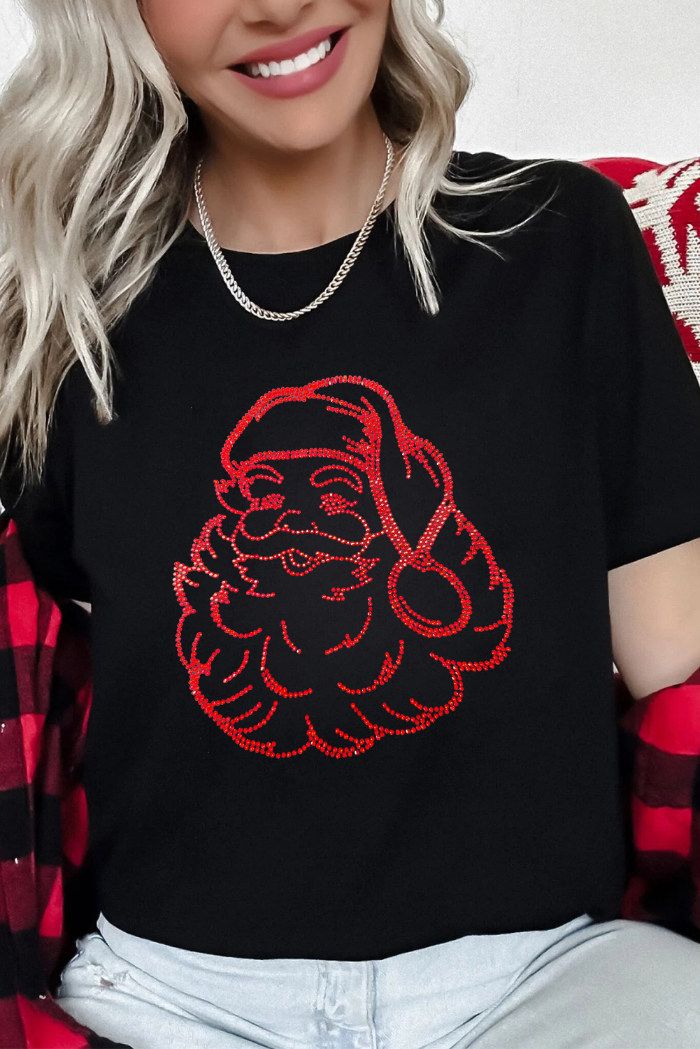 Black Rhinestone Santa Claus Christmas Graphic T Shirt