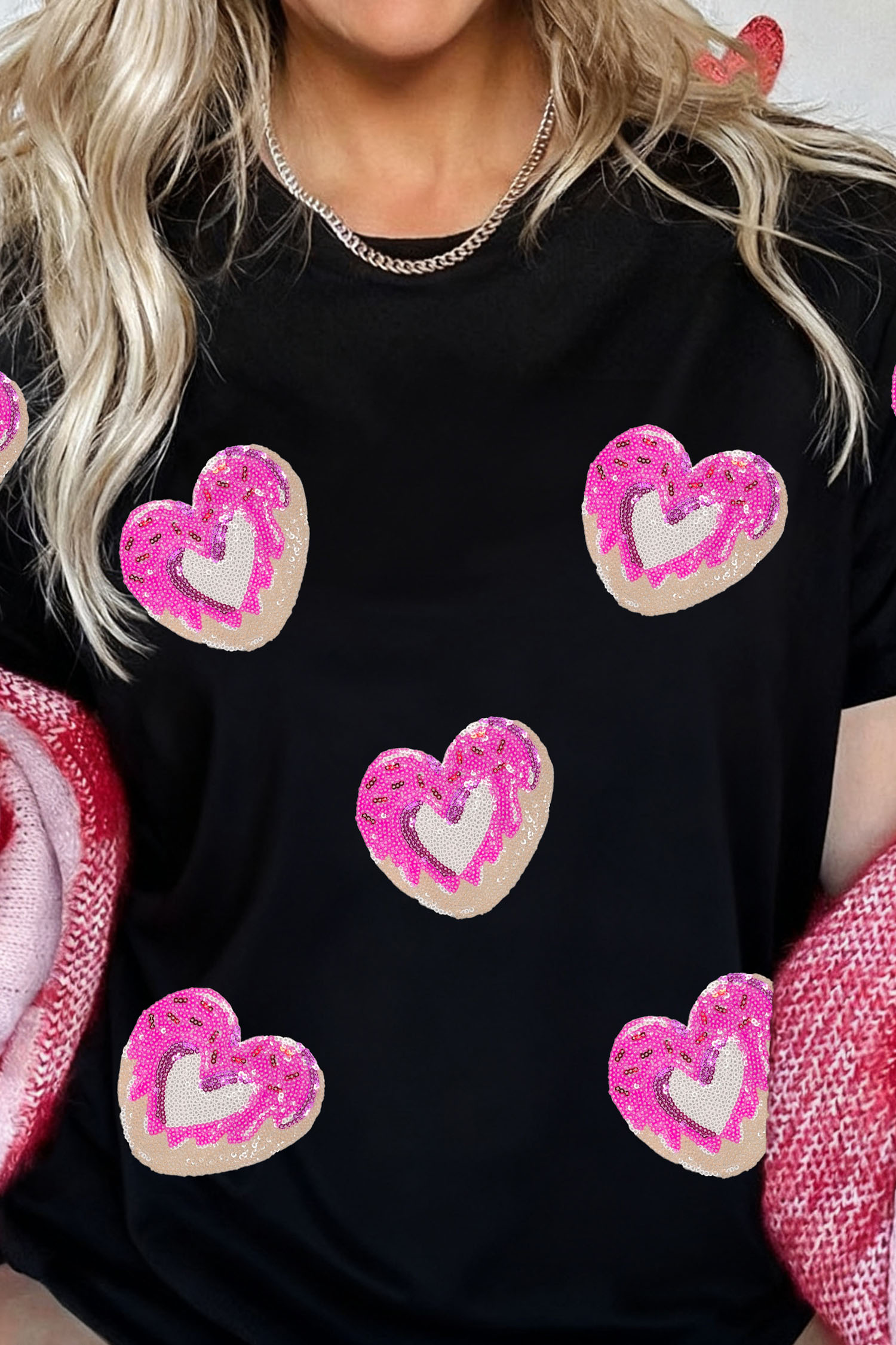 Black Sequin Donut Heart Valentines Graphic Tee