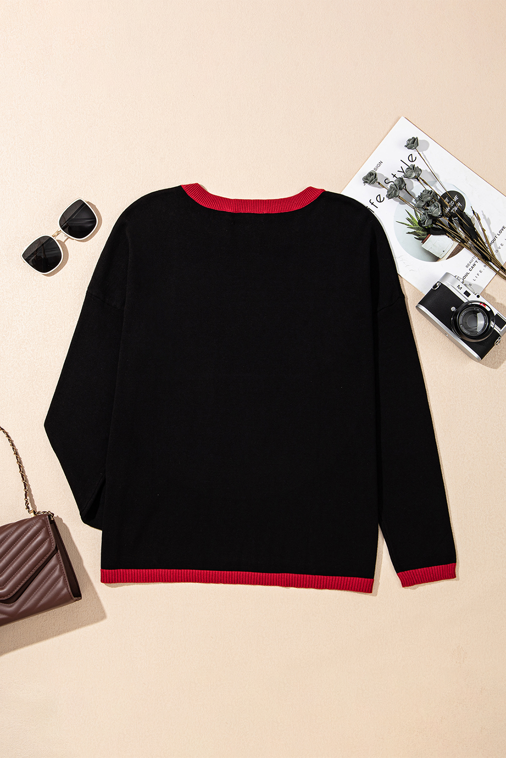 Black white Heart Print Contrast Trim Drop Shoulder Sweater