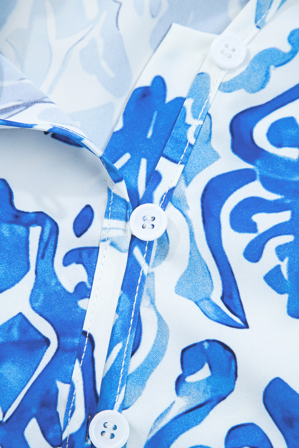 Sky Blue Ethnic Printed Tie Split Neck Button Front Puff Sleeve Shirt