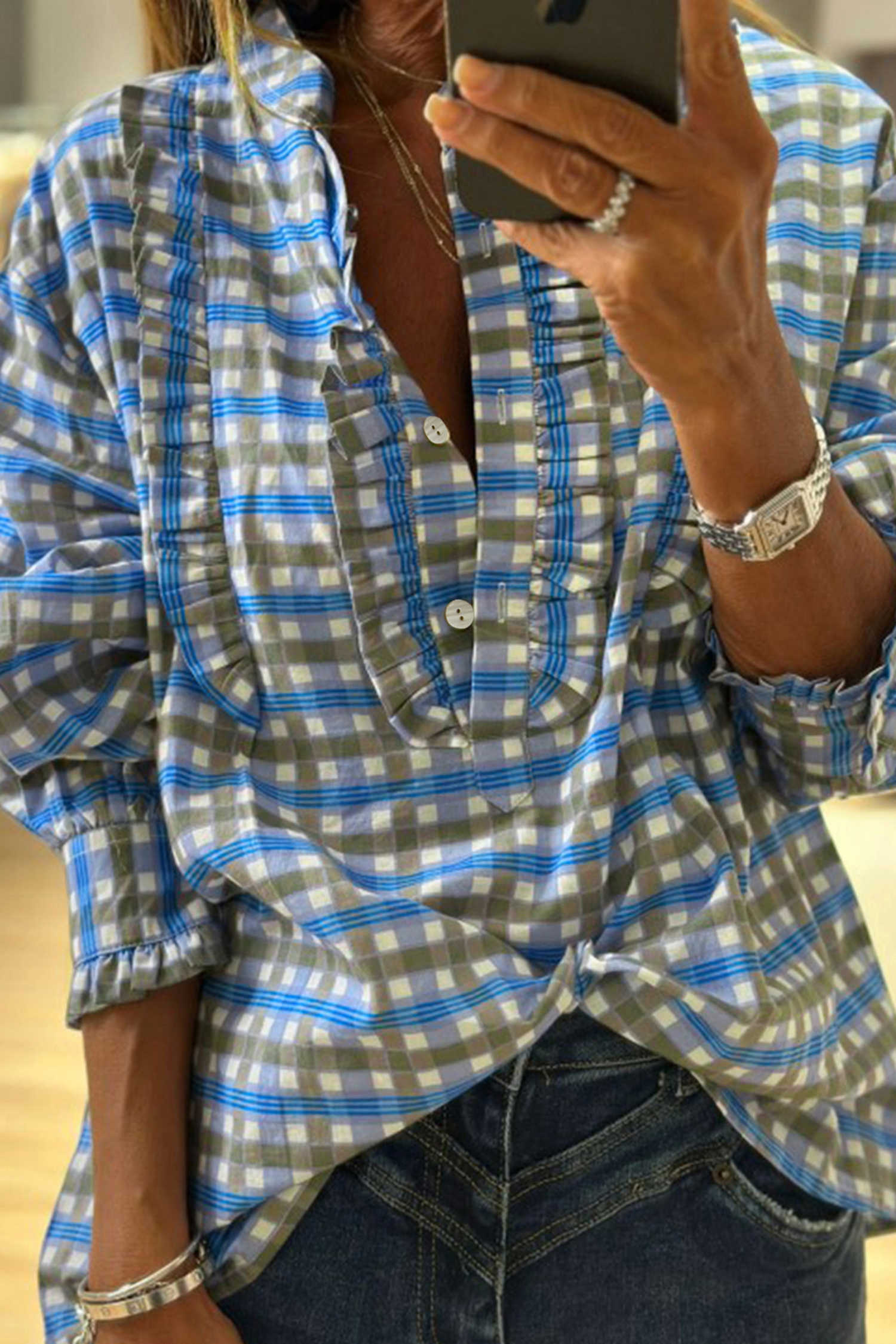 Sky Blue Plaid Long Sleeve Frilled Detail Half Button Blouse