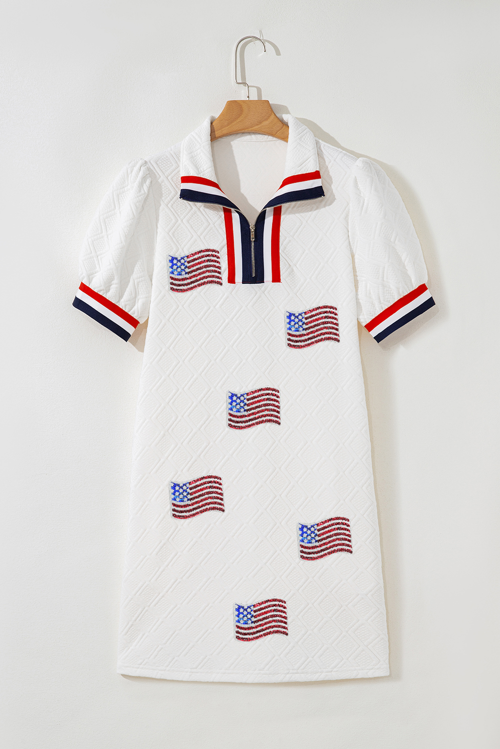 White Textured Contrast Striped Detail Sequin Flag Patched Zip Collar T Shirt Dress