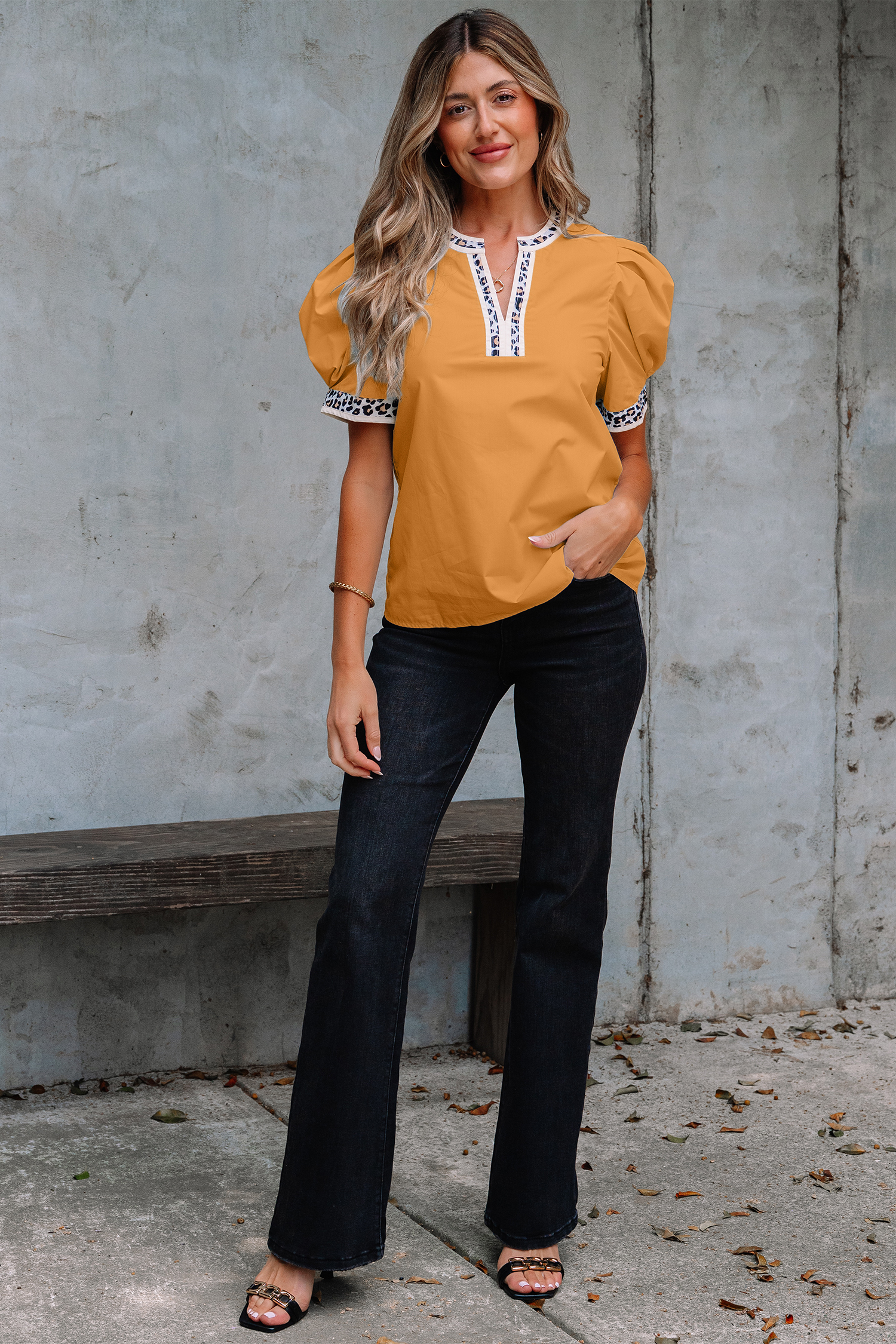 Buckskin Contrast Leopard Trim Split Neck Puff Sleeve Blouse