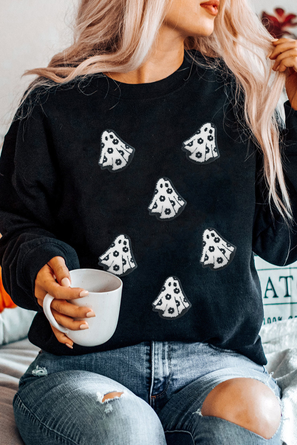 Wisteria Glitter Trim Chenille Ghost Patched Halloween Graphic Tee