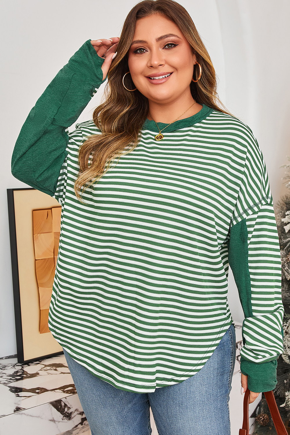 Dearlovers Green Stripe Thermal Knit Drop Shoulder Casual Top