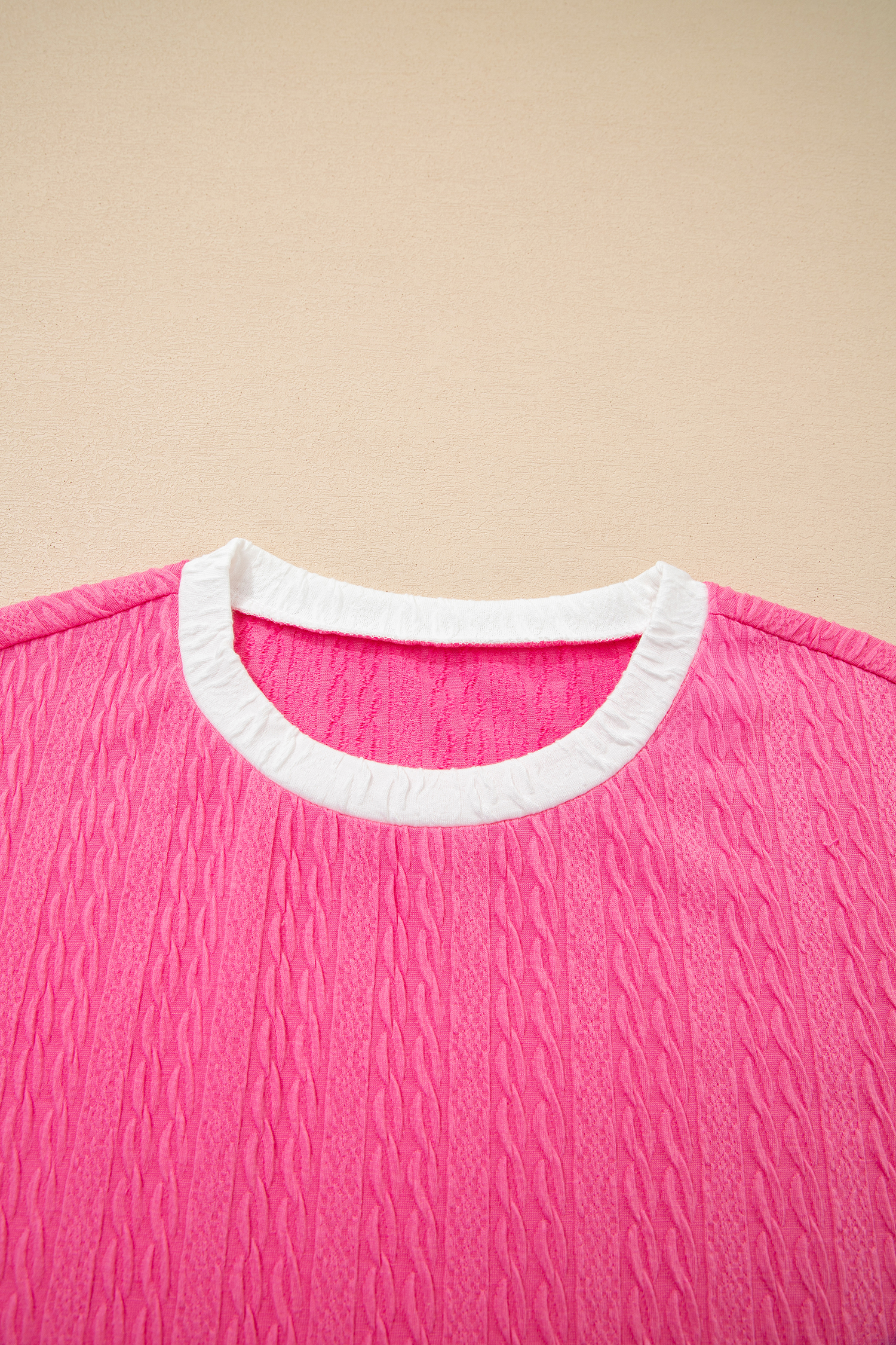 Bright Pink Textured Color Block Trim Loose Tee Drawstring Shorts 2pcs Set