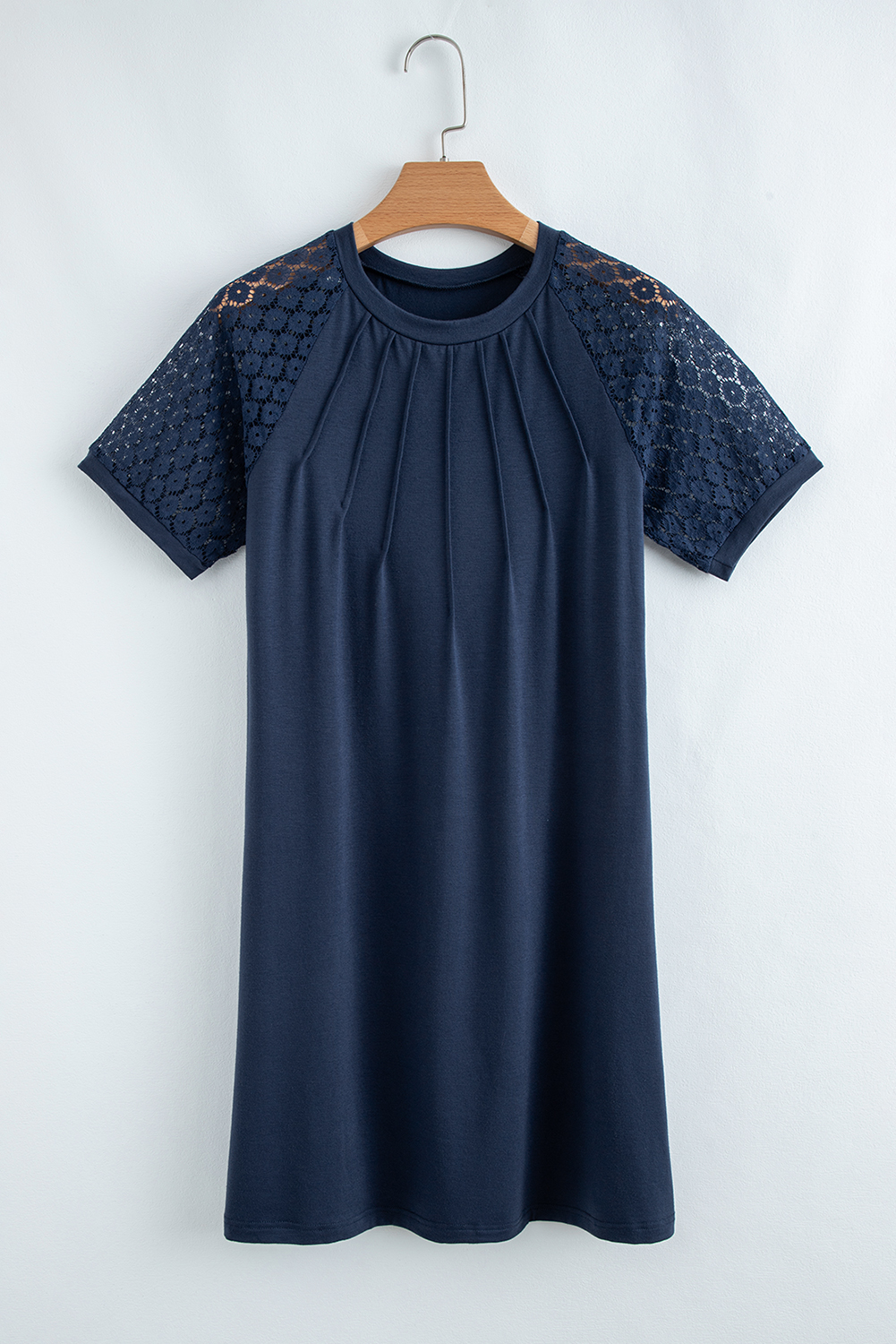 Navy Blue Contrast Lace Raglan Sleeve Pleated Detail Shift Dress