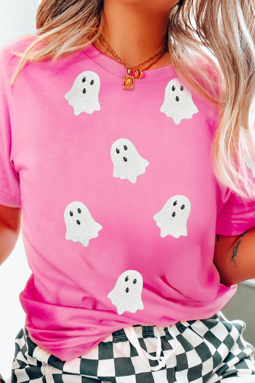 Wisteria Glitter Trim Chenille Ghost Patched Halloween Graphic Tee