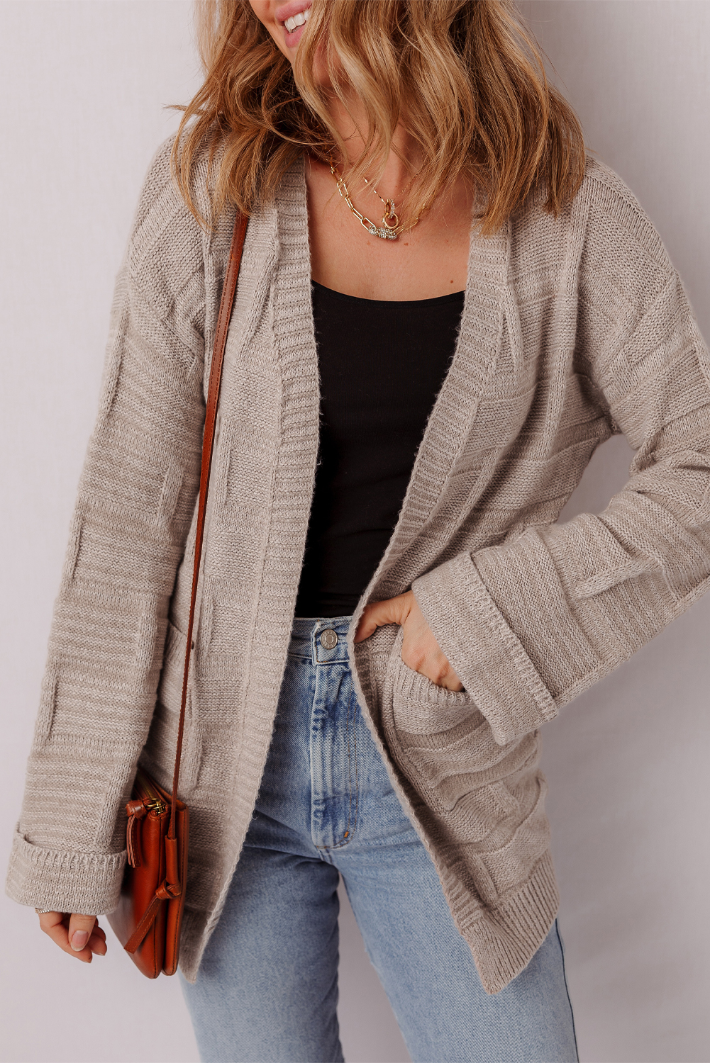 Delicacy Textured Knit Open Front Chic Cardigan with Pockets