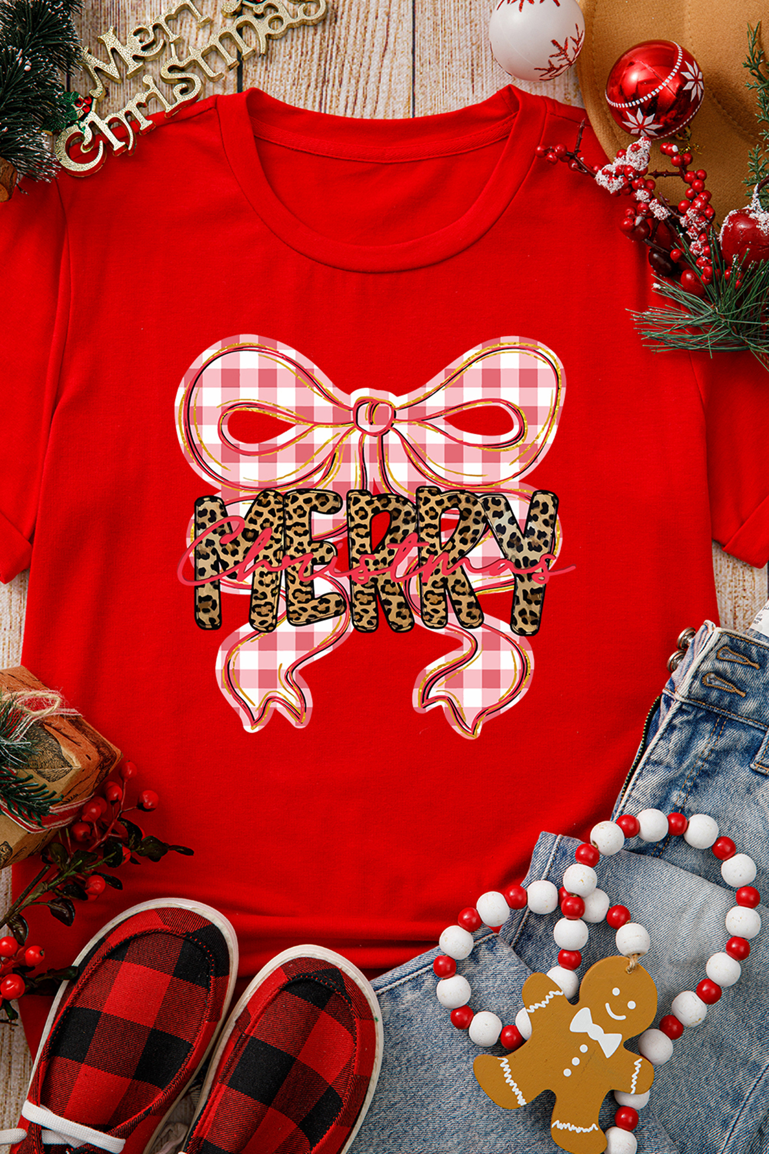 Red Leopard Merry Christmas Plaid Bow Graphic Holiday T Shirt