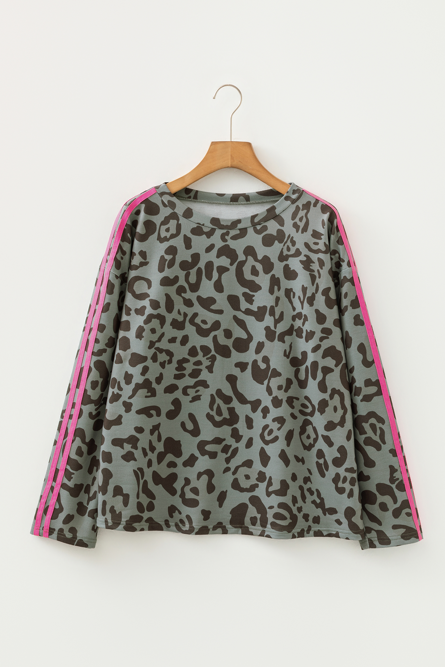 Gray Leopard Print Varsity Striped Trim Long Sleeve Top