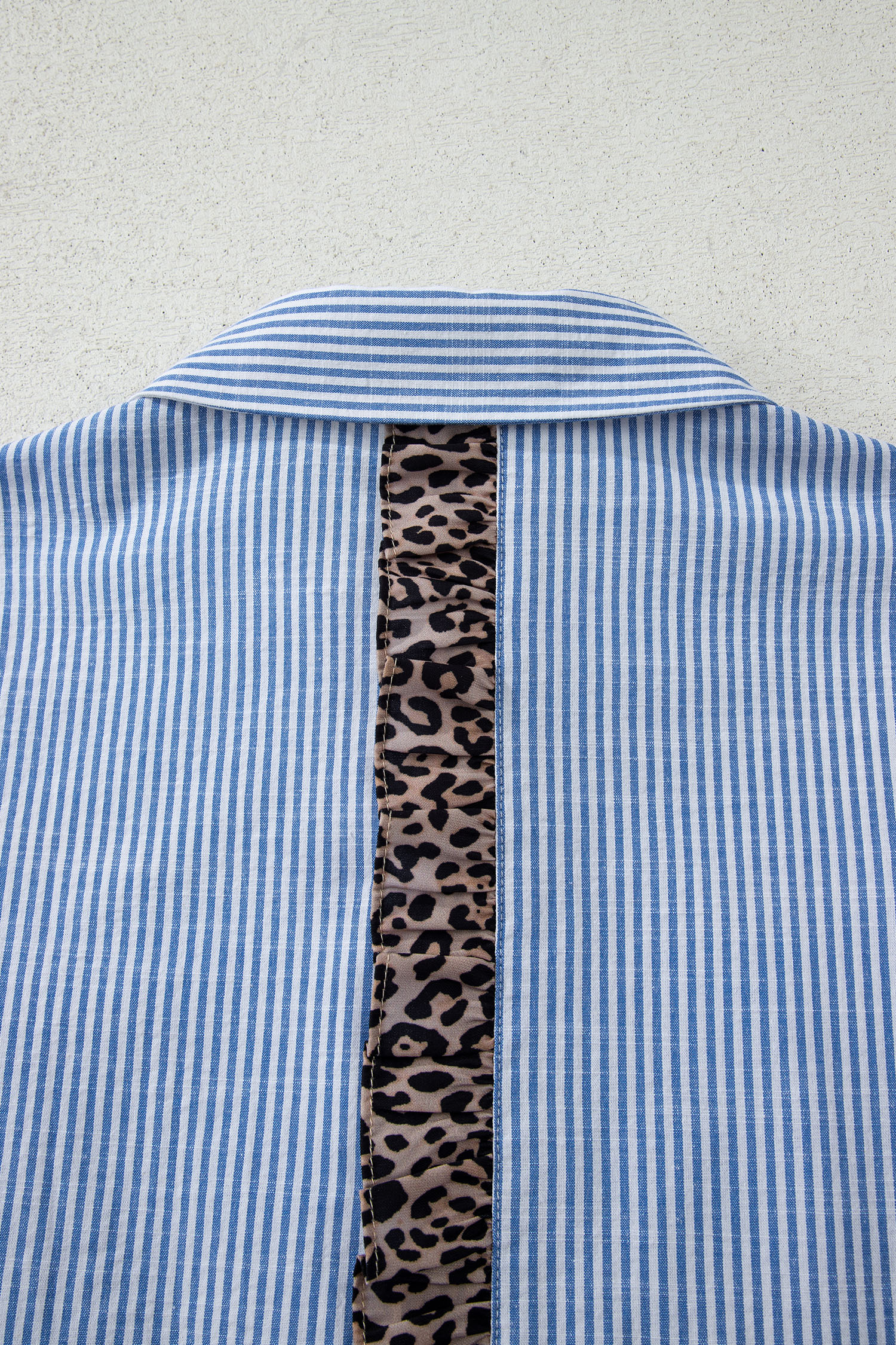 Sky Blue Stripe Contrast Frilled Leopard Trim Casual Long Sleeve Shirt
