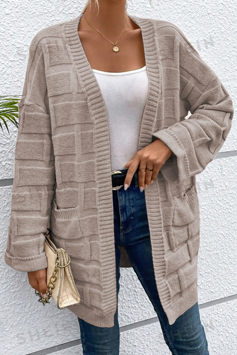 Delicacy Textured Knit Open Front Chic Cardigan with Pockets
