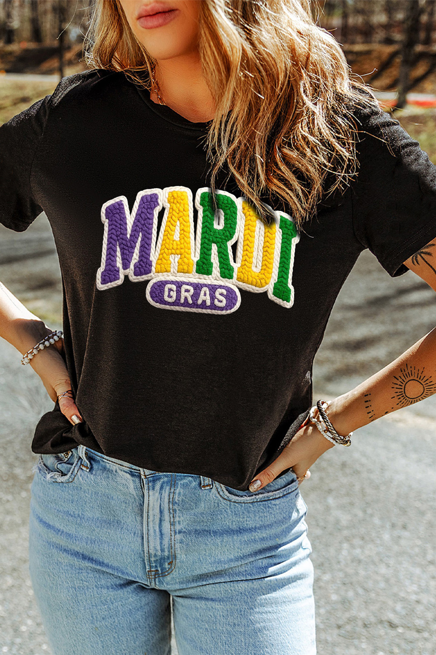 Black MARDI GRAS Faux Yarn Letter Graphic T Shirt
