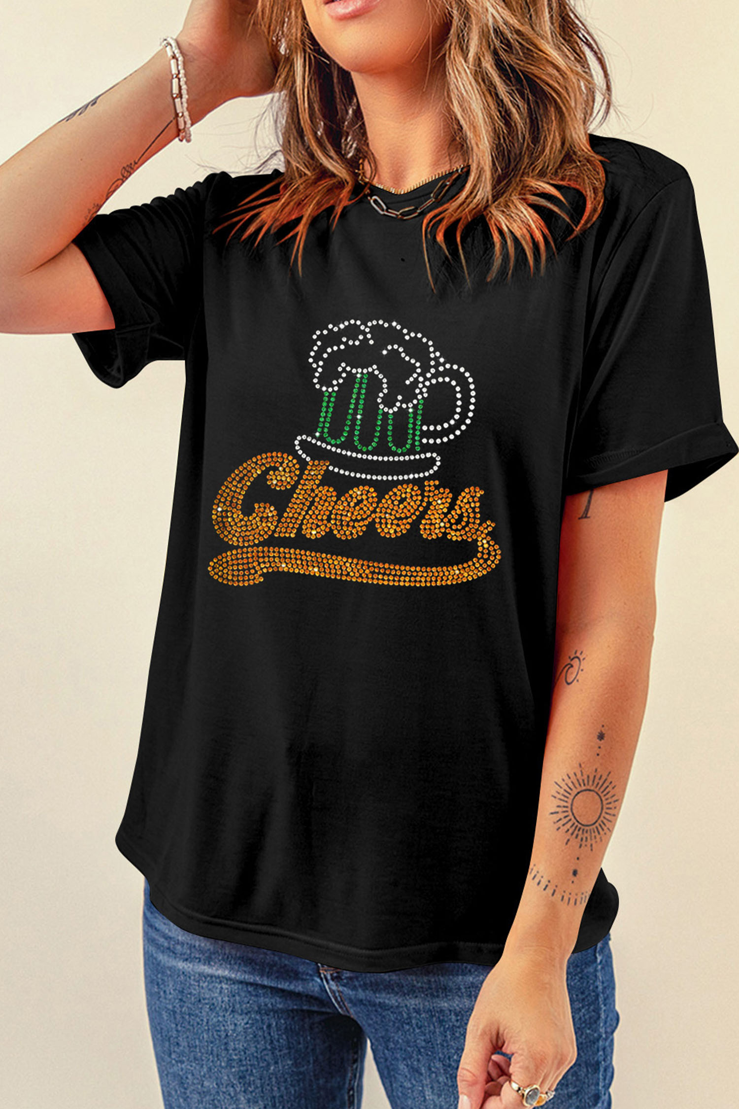 Black Cheers Rhinestone Graphic T Shirt
