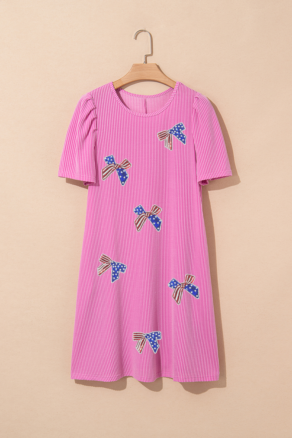 Bright Pink Flag Pattern Inspired Sequin Bow Spiral Ribbed Puff Sleeve T Shirt Dress