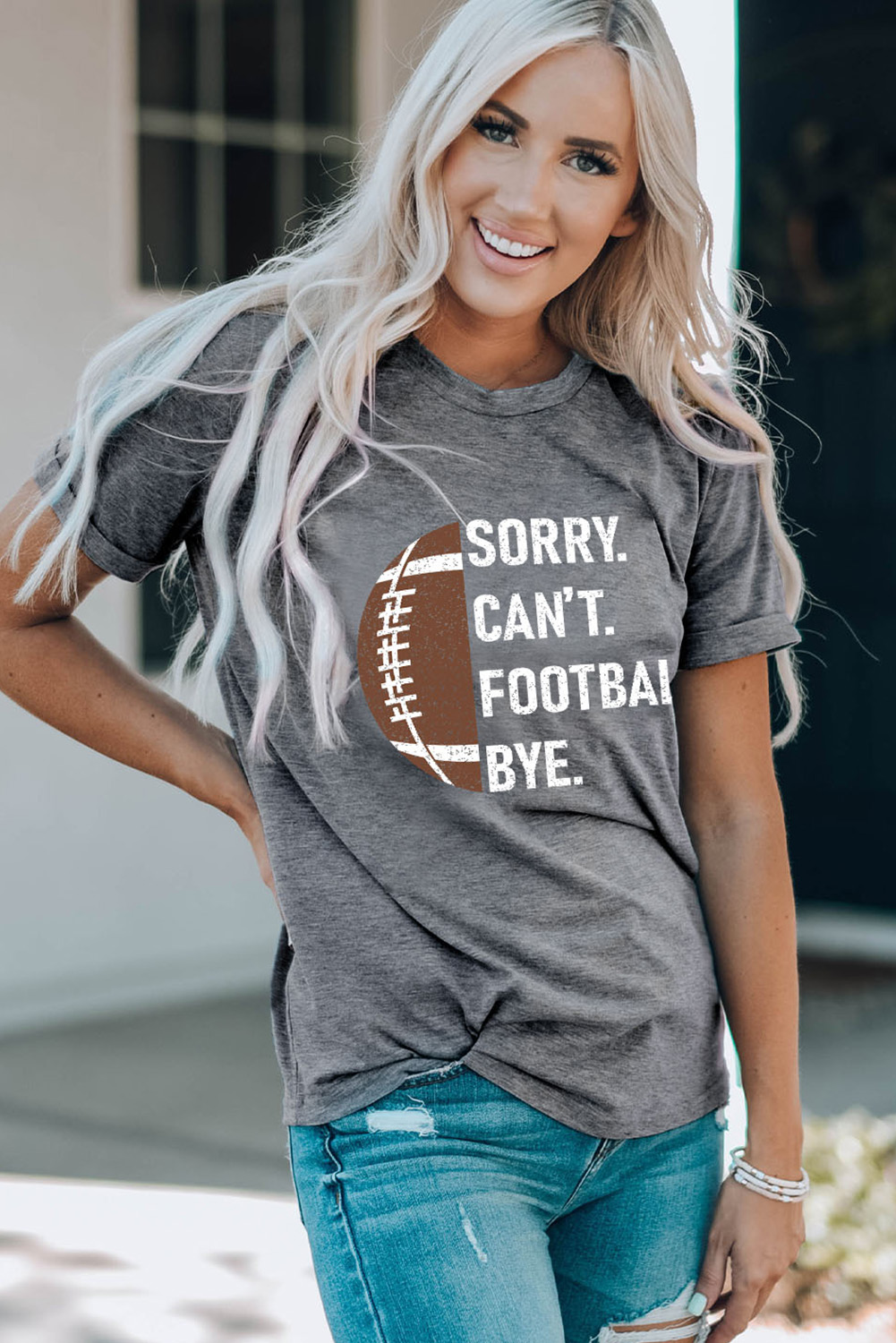 Gray American Rugby Football Graphic Casual T Shirt