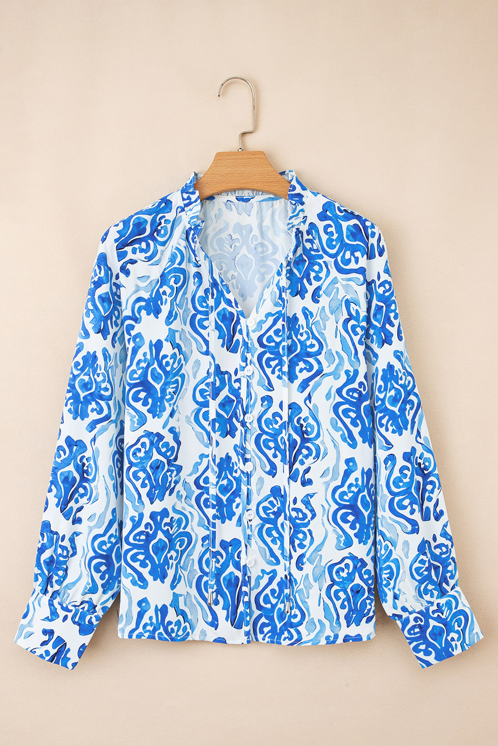 Sky Blue Ethnic Printed Tie Split Neck Button Front Puff Sleeve Shirt