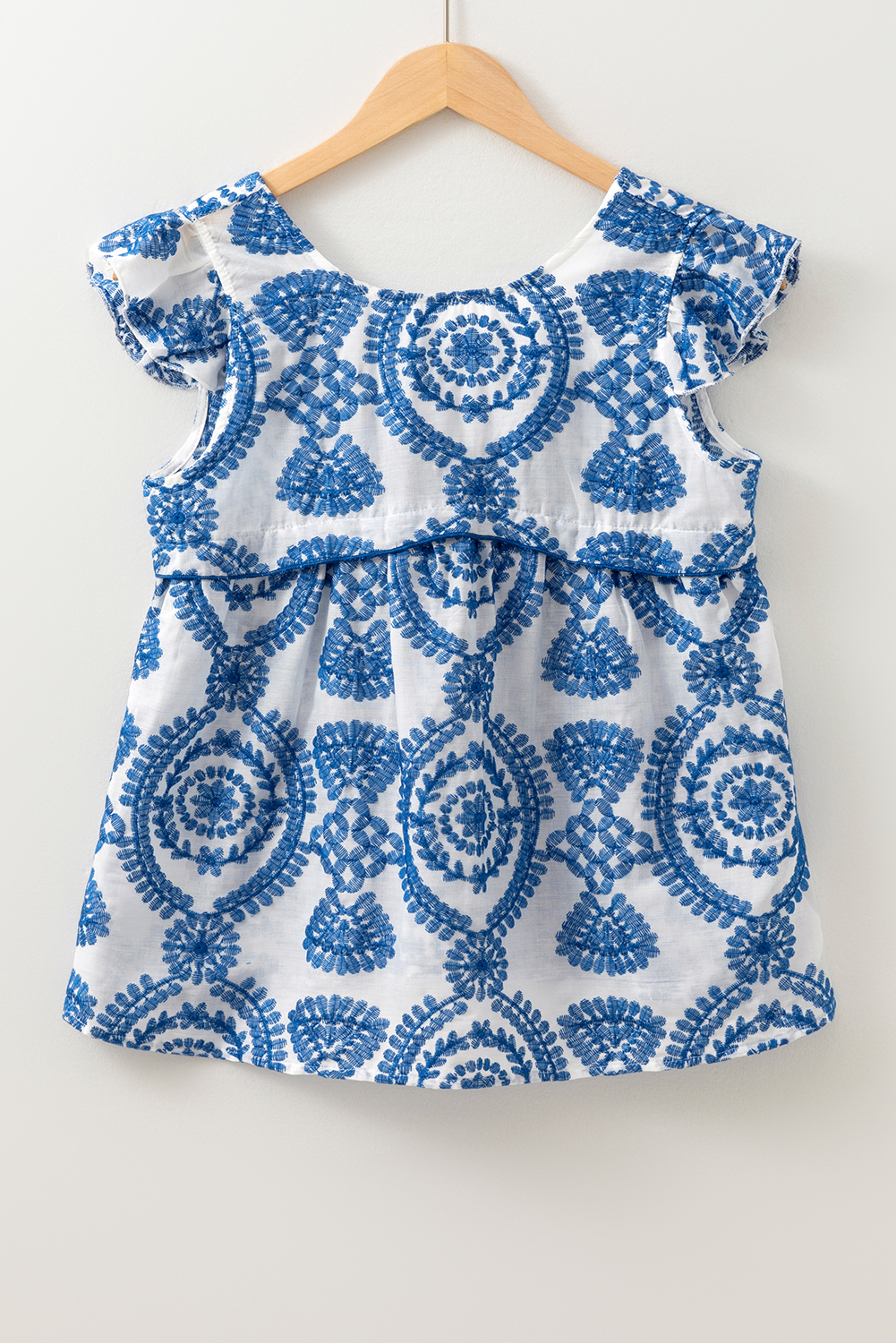 Blue Boho Print Flutter Sleeve Crew Neck Blouse