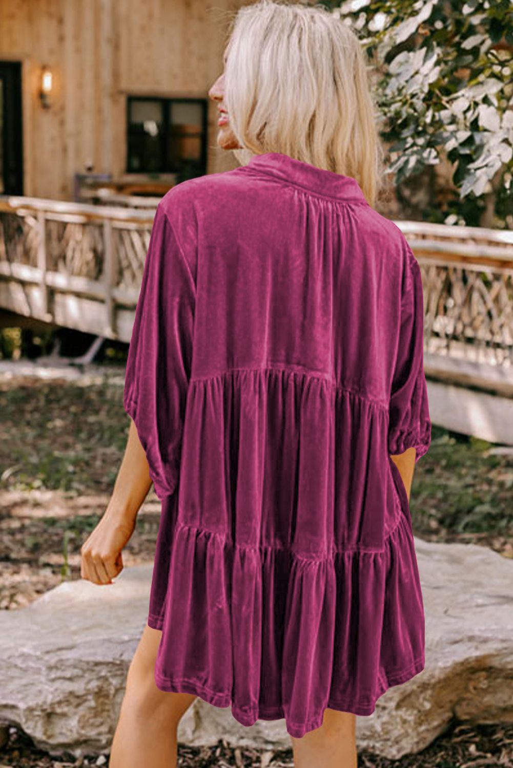 Burgundy 3/4 Sleeve Tunic Babydoll Velvet Shirt