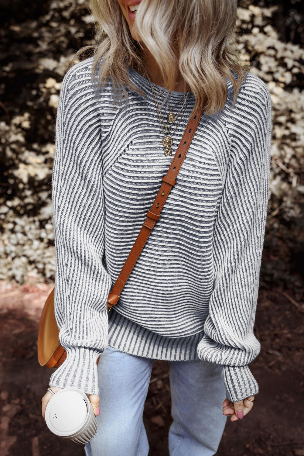 Coffee Striped Print Ribbed Knit Boat Neck Baggy Sweater