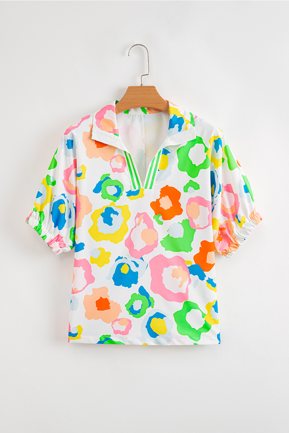 Green Chic Leopard Print Striped Detail Split Neck Blouse