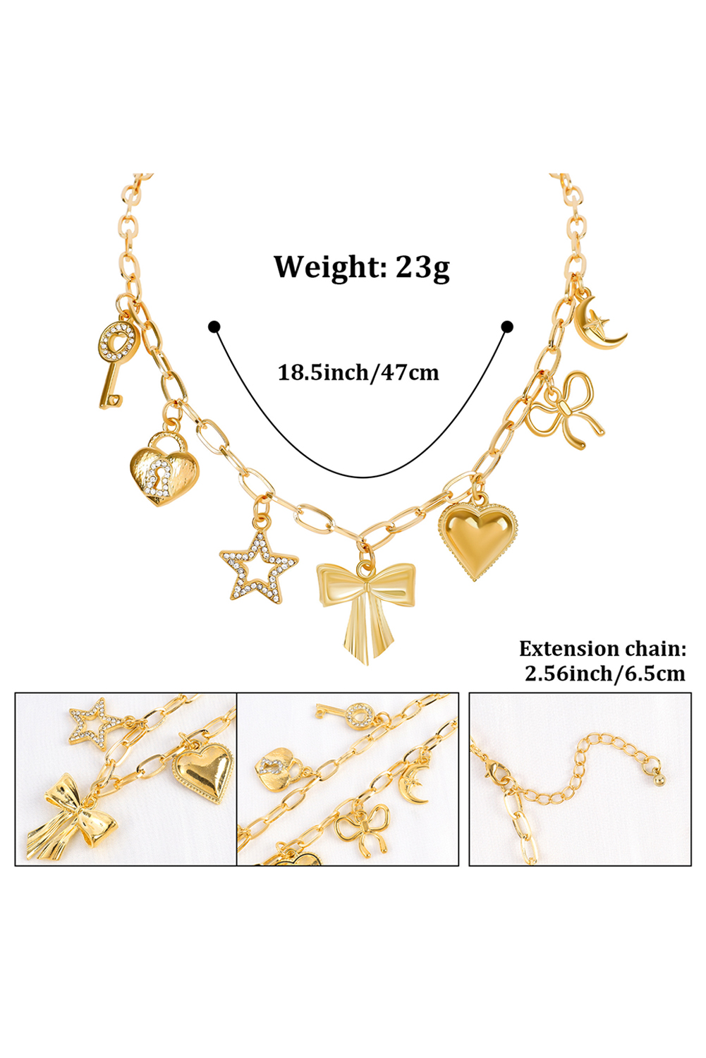 Gold Bow Heart Star Key Charm Alloy Adjustable Chain Necklace