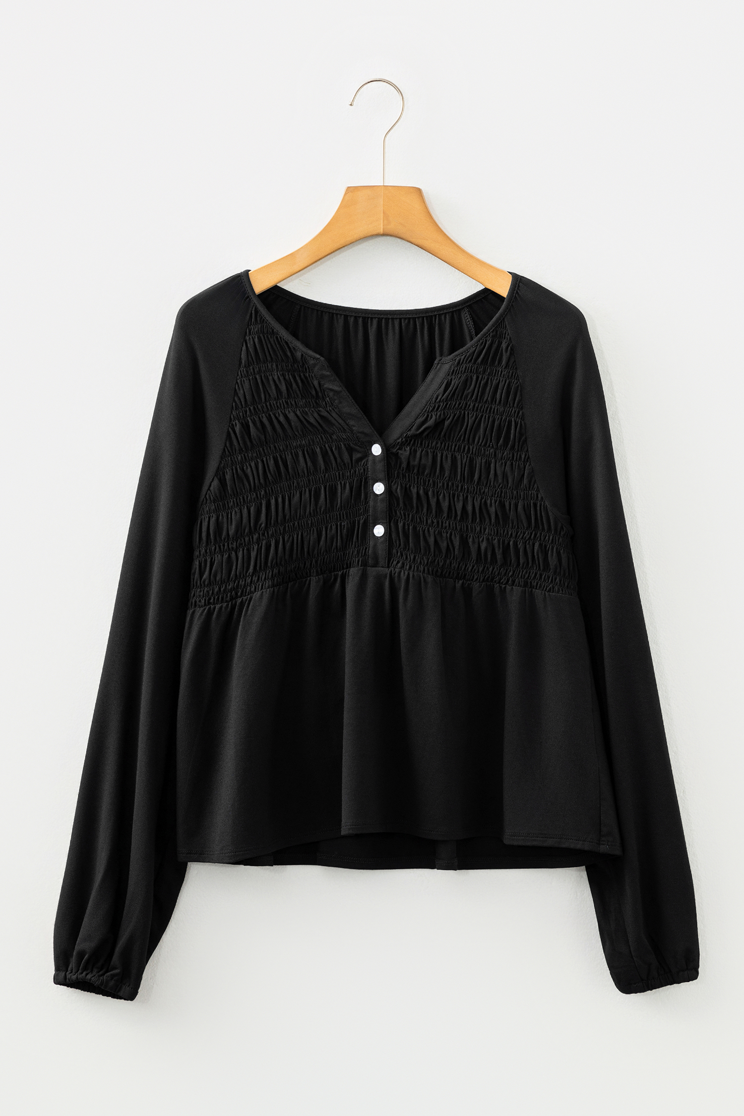 Black Smocked Bust Buttoned Split V Neck Flow Fit Blouse