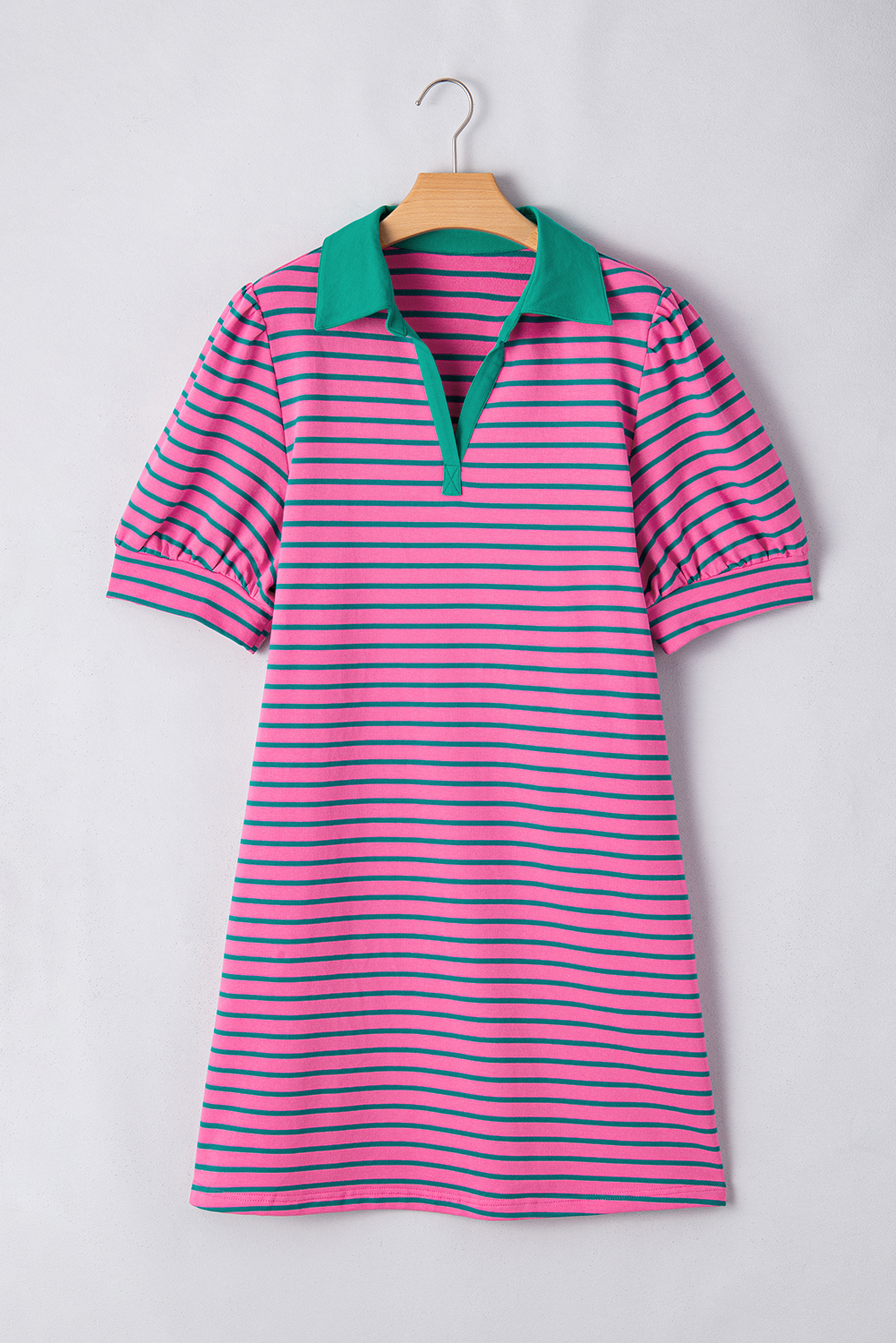 Pink Stripe Collared V Neck Puff Sleeve T Shirt Dress