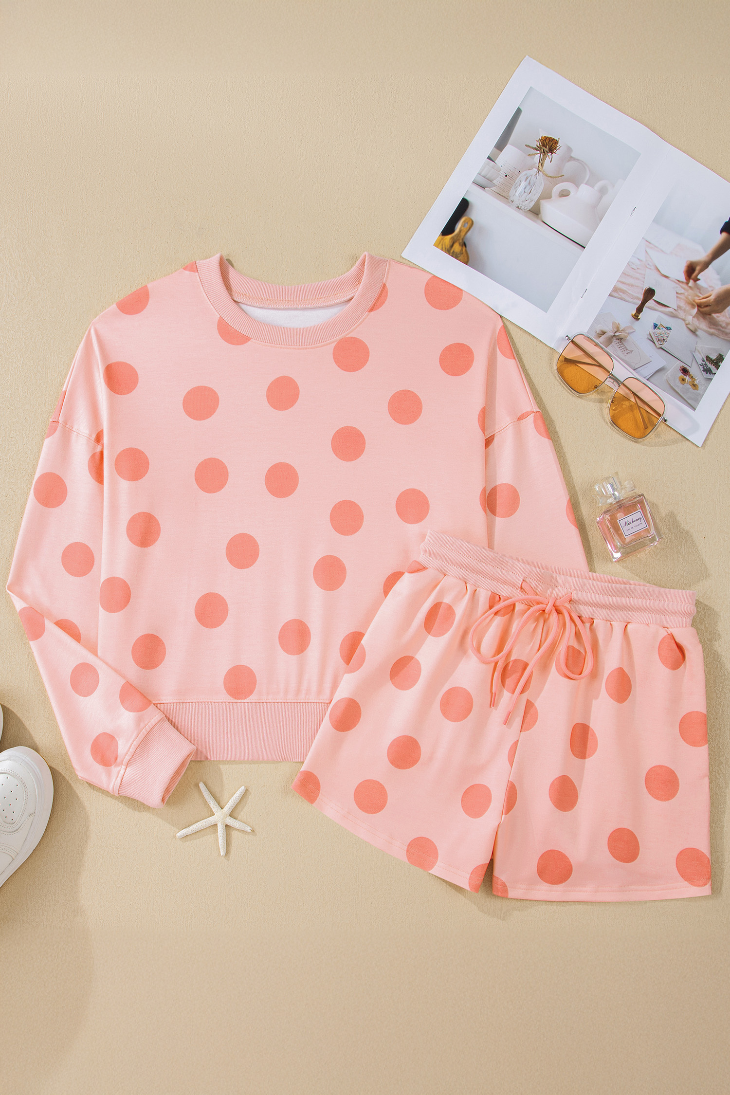 Beige Polka Dot Print Drop Shoulder Pullover Drawstring Jogger Pant Set