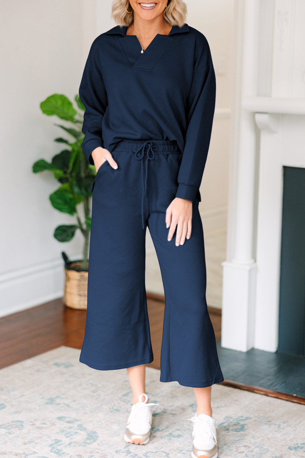 Sail Blue Solid Textured Collared V Neck Top and Wide Leg Pants Set