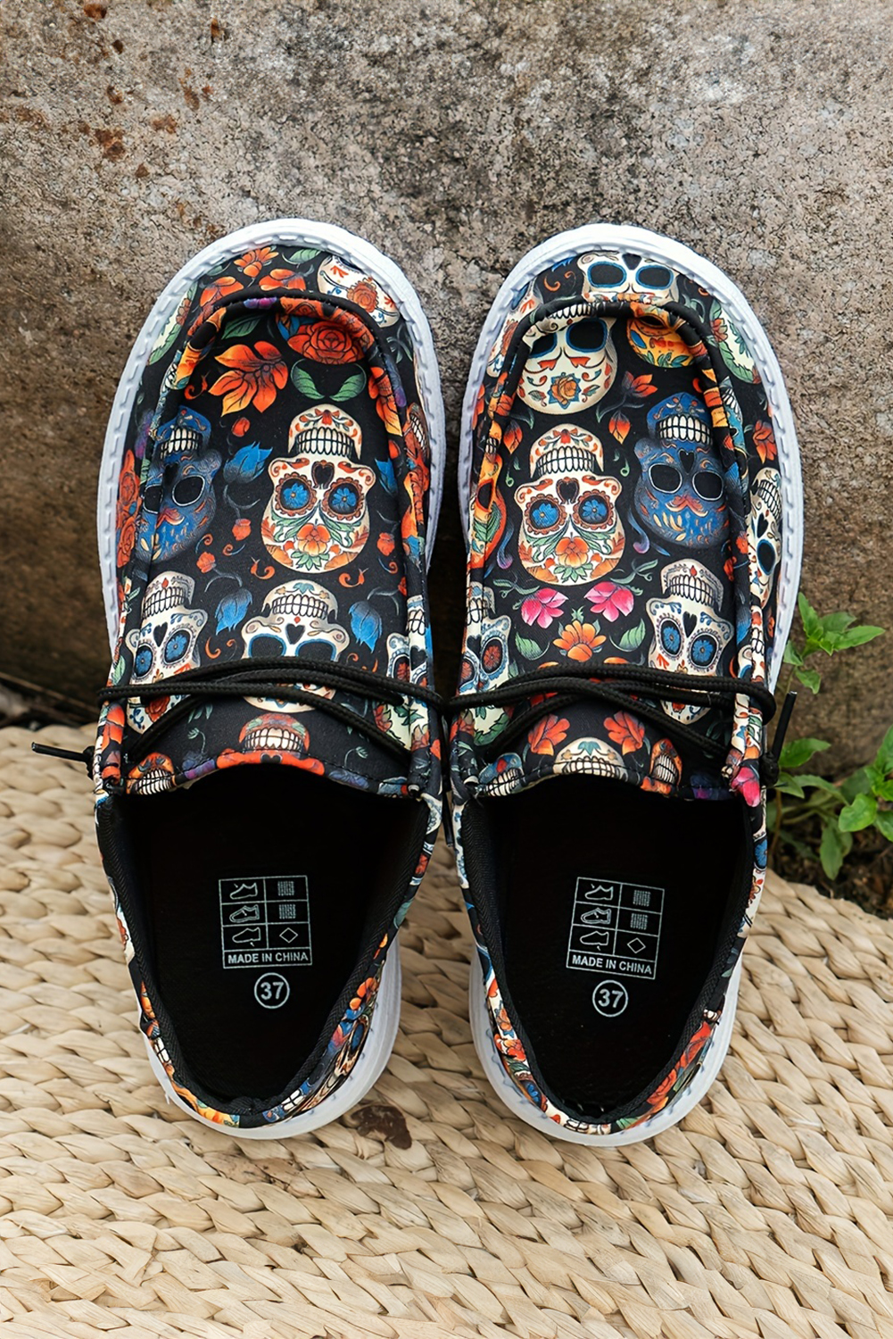 Dark Blue Sugar Skull Print Lace-up Detail Halloween Flat Shoes