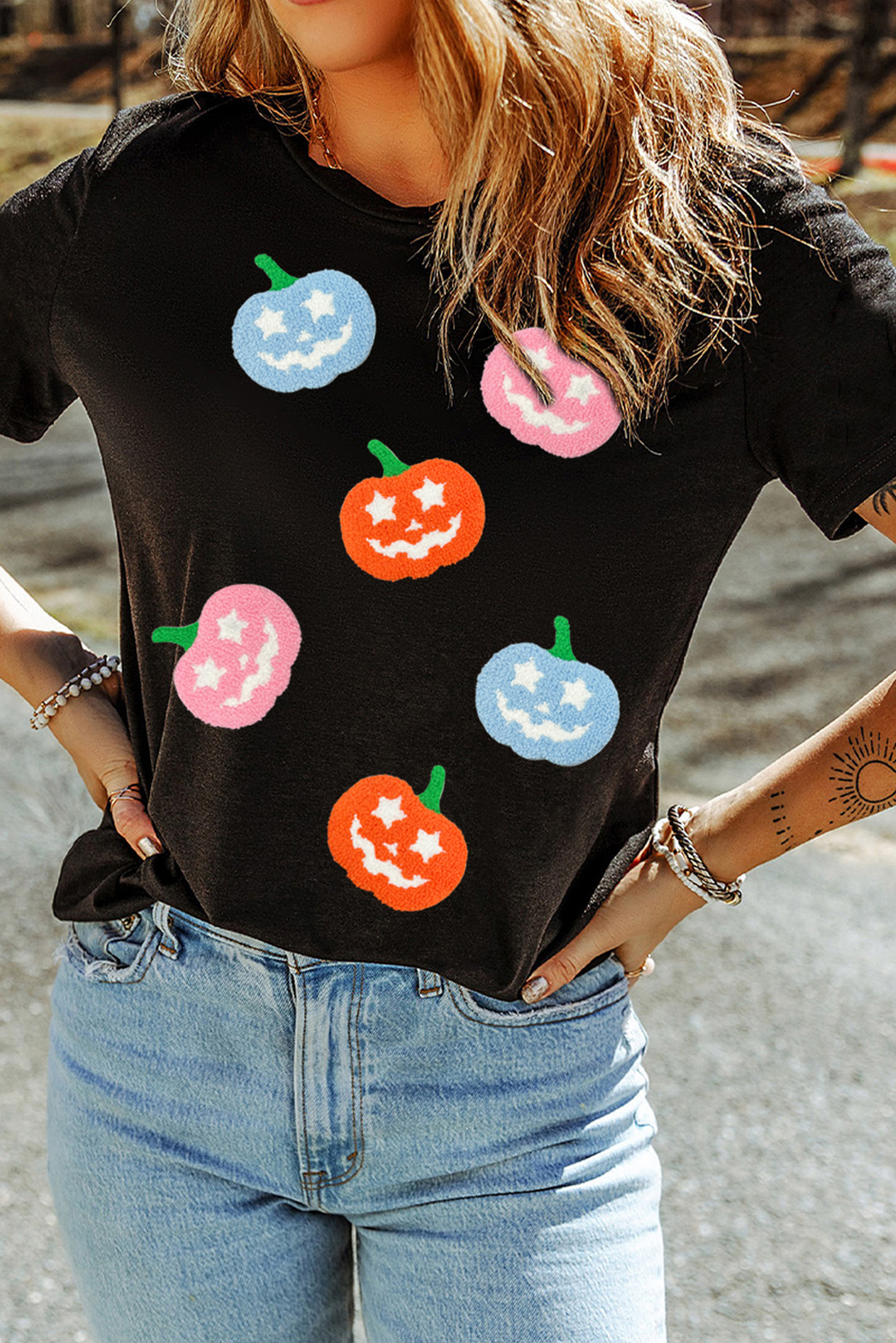 Black Chenille Pumpkin Patched Playful Halloween T Shirt