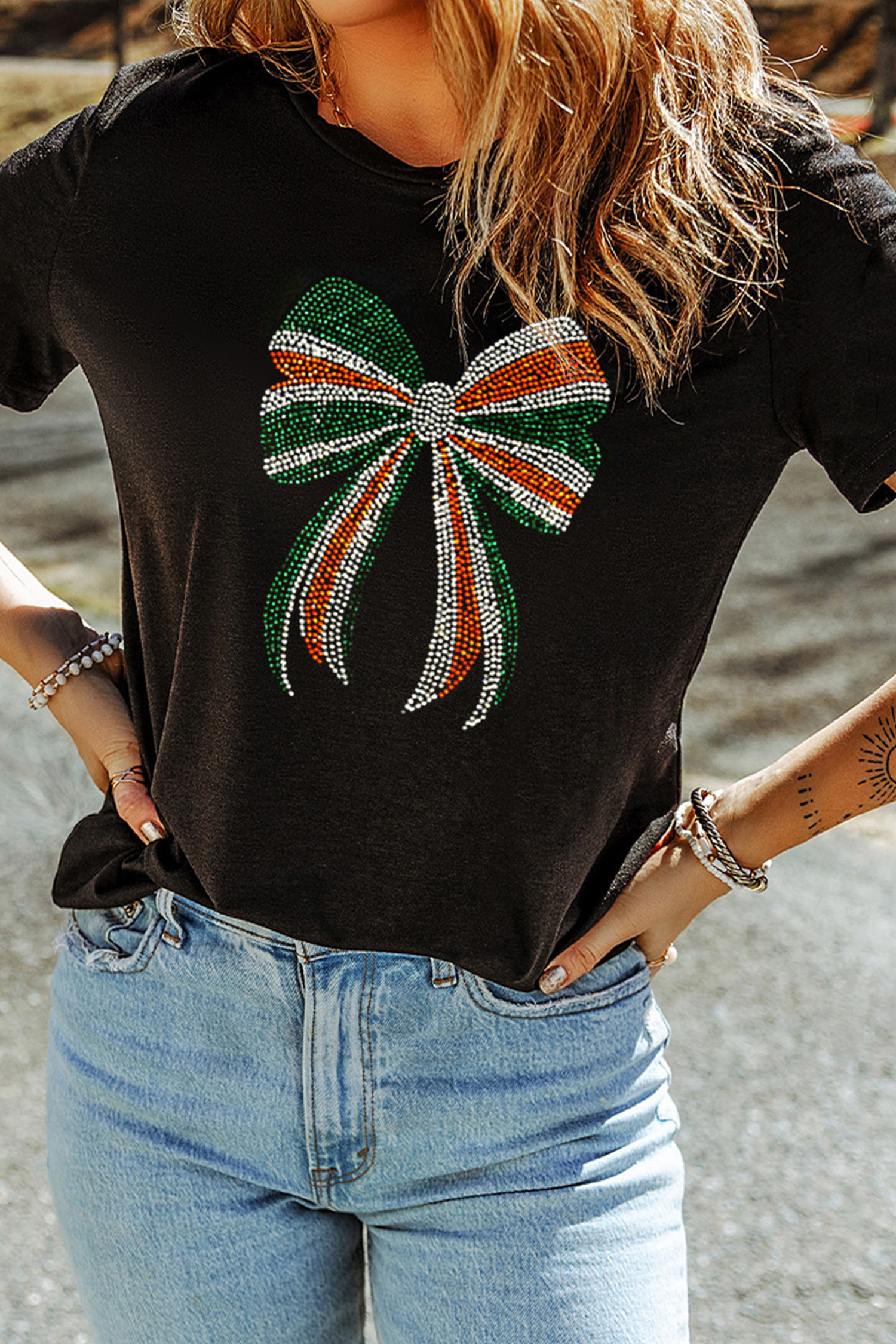 Black St Patricks Day Rhinestone Bow Casual Tee