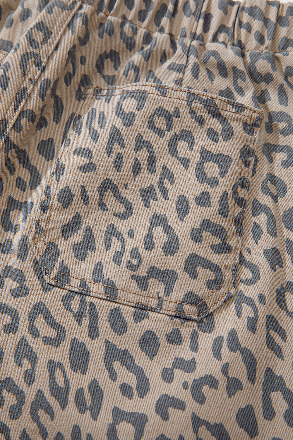 Khaki Leopard Printed Drawstring Elastic Waistband Pocketed Wide Leg Jeans