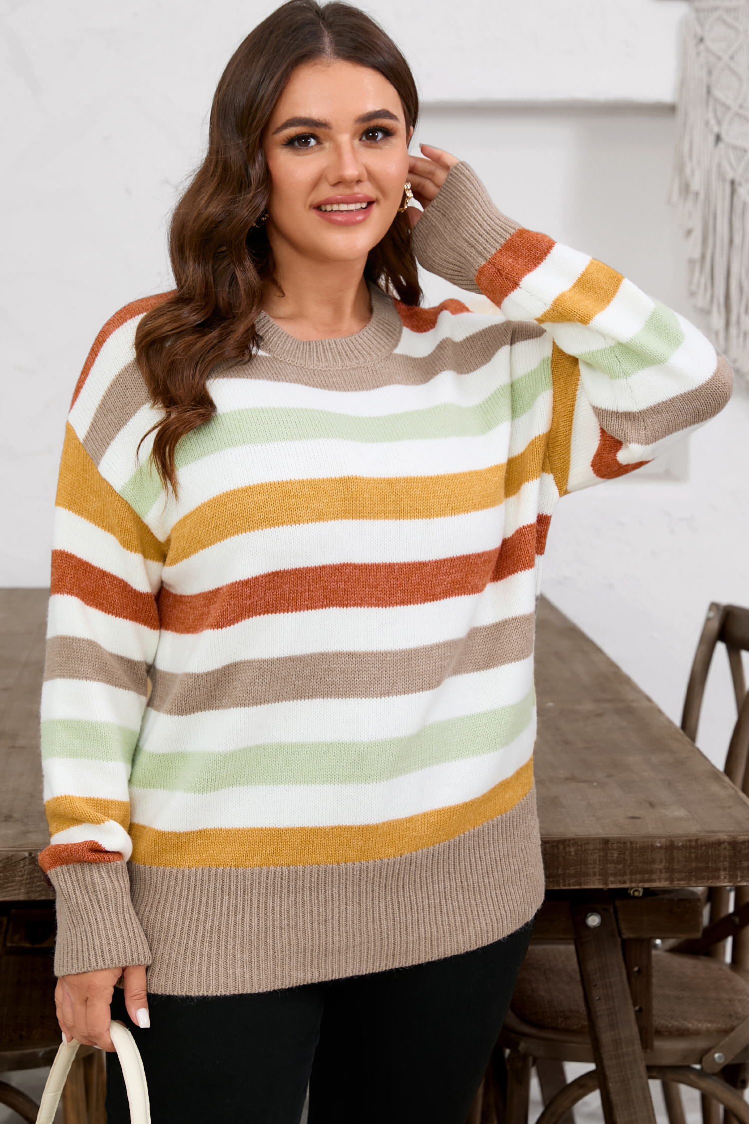 Multicolour Stripe Drop Shoulder Crew Neck Sweater