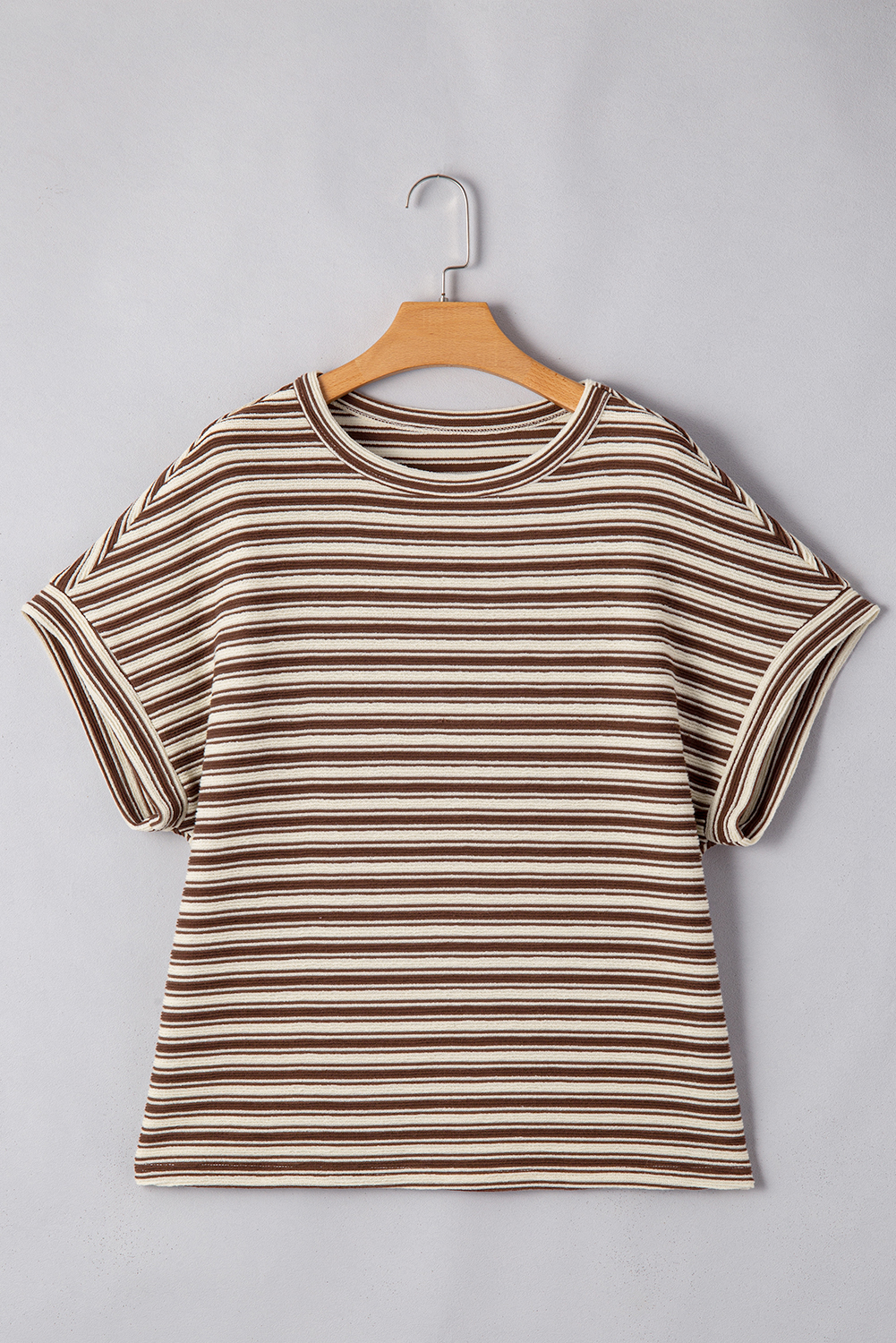 Green Stripe Textured Side Slits Crew Neck T Shirt