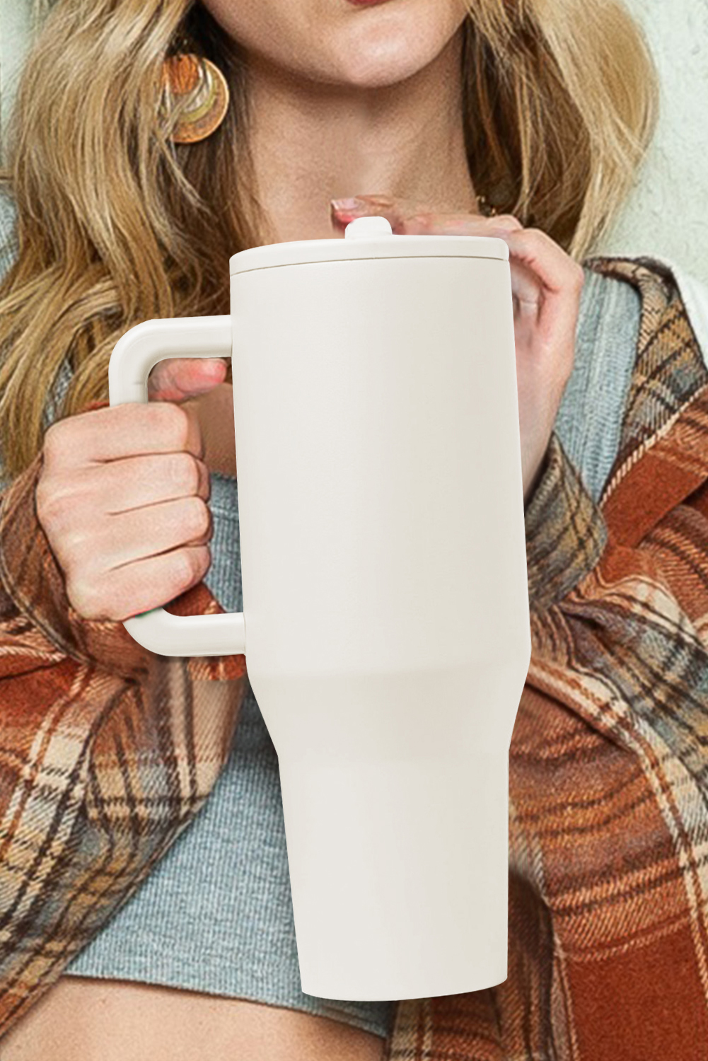 White Frosted Stainless Handle Large Vacuum Cup with Straw 40oz