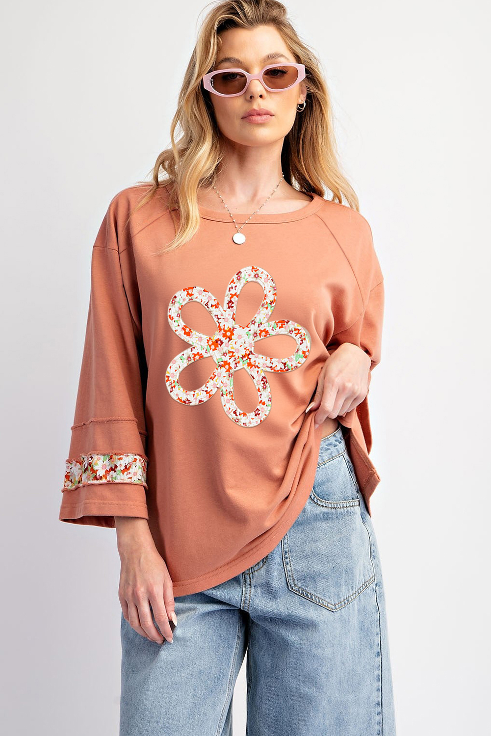 Beige Flower Patch Graphic Exposed Seam Wide Sleeve Top