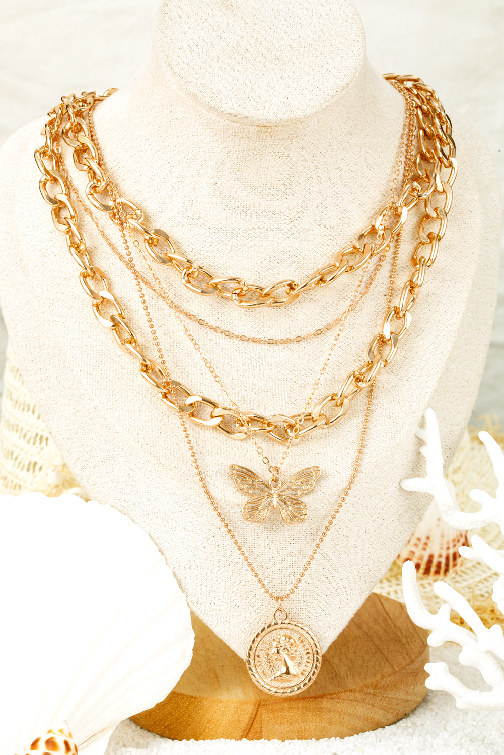 Gold Plated Alloy Multilayer Butterfly Charm Necklace