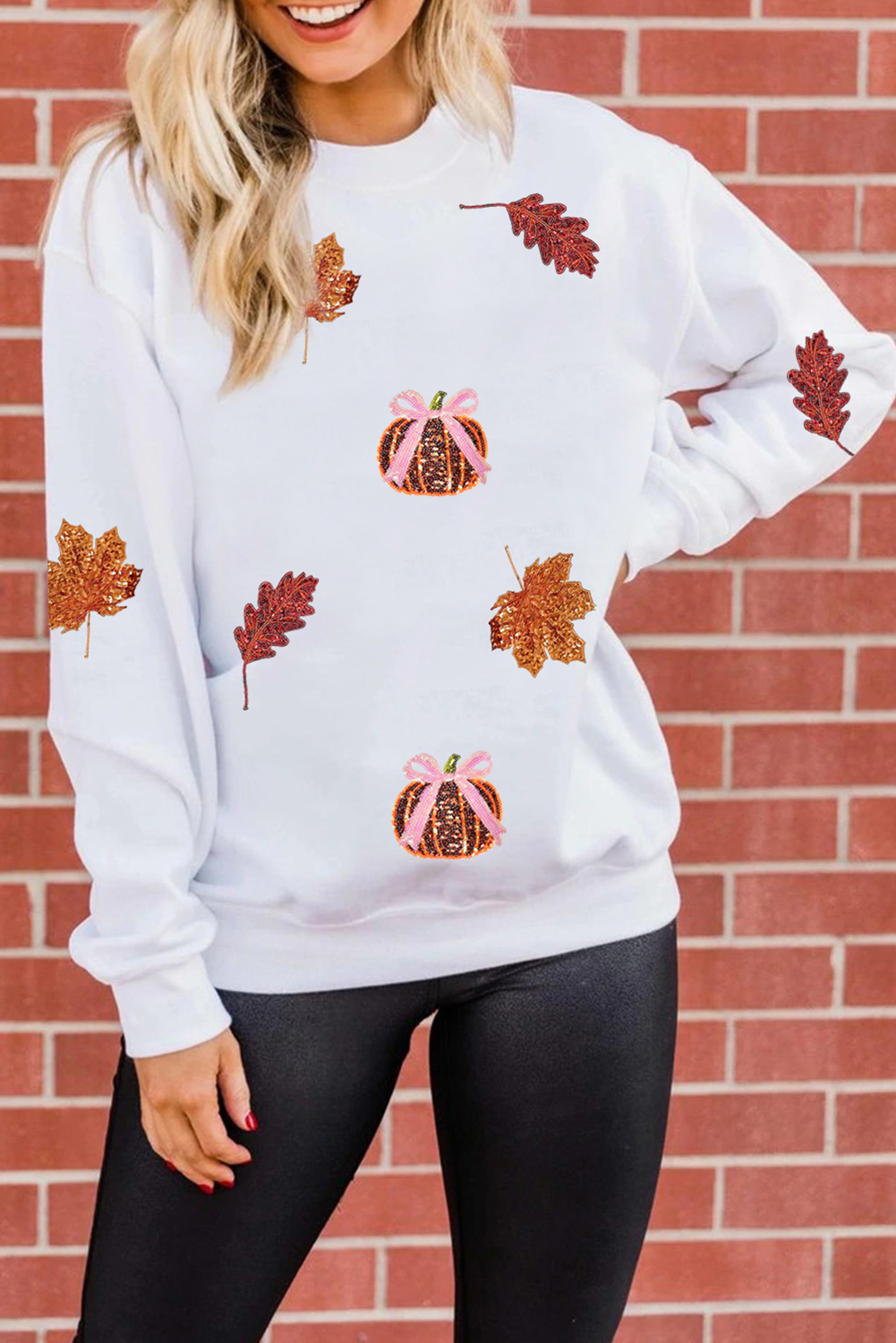 White Sequined Pumpkin Leaves Fall Vibe Graphic T Shirt